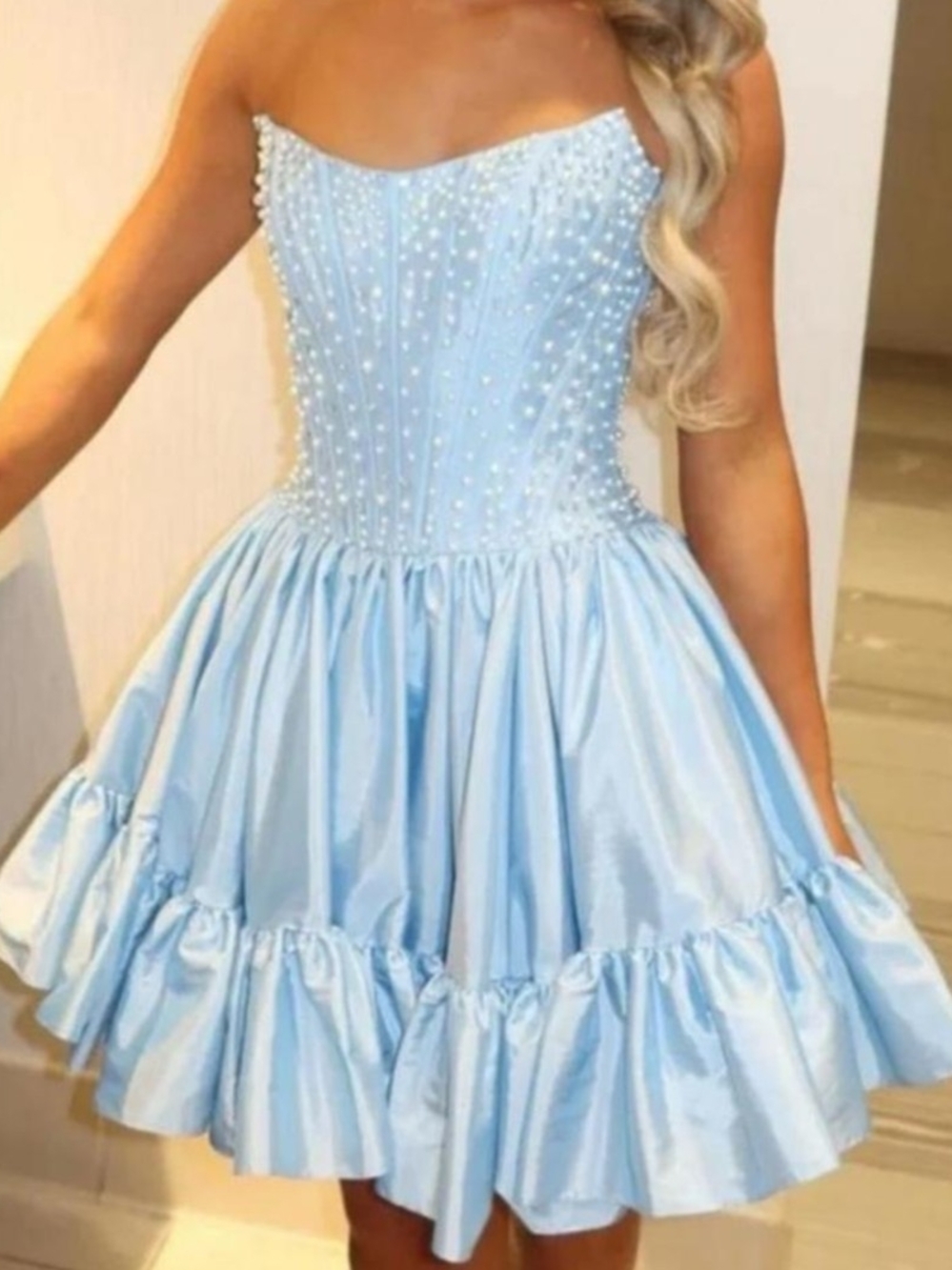Strapless Light Blue Pearl-Embellished Hoco Dress